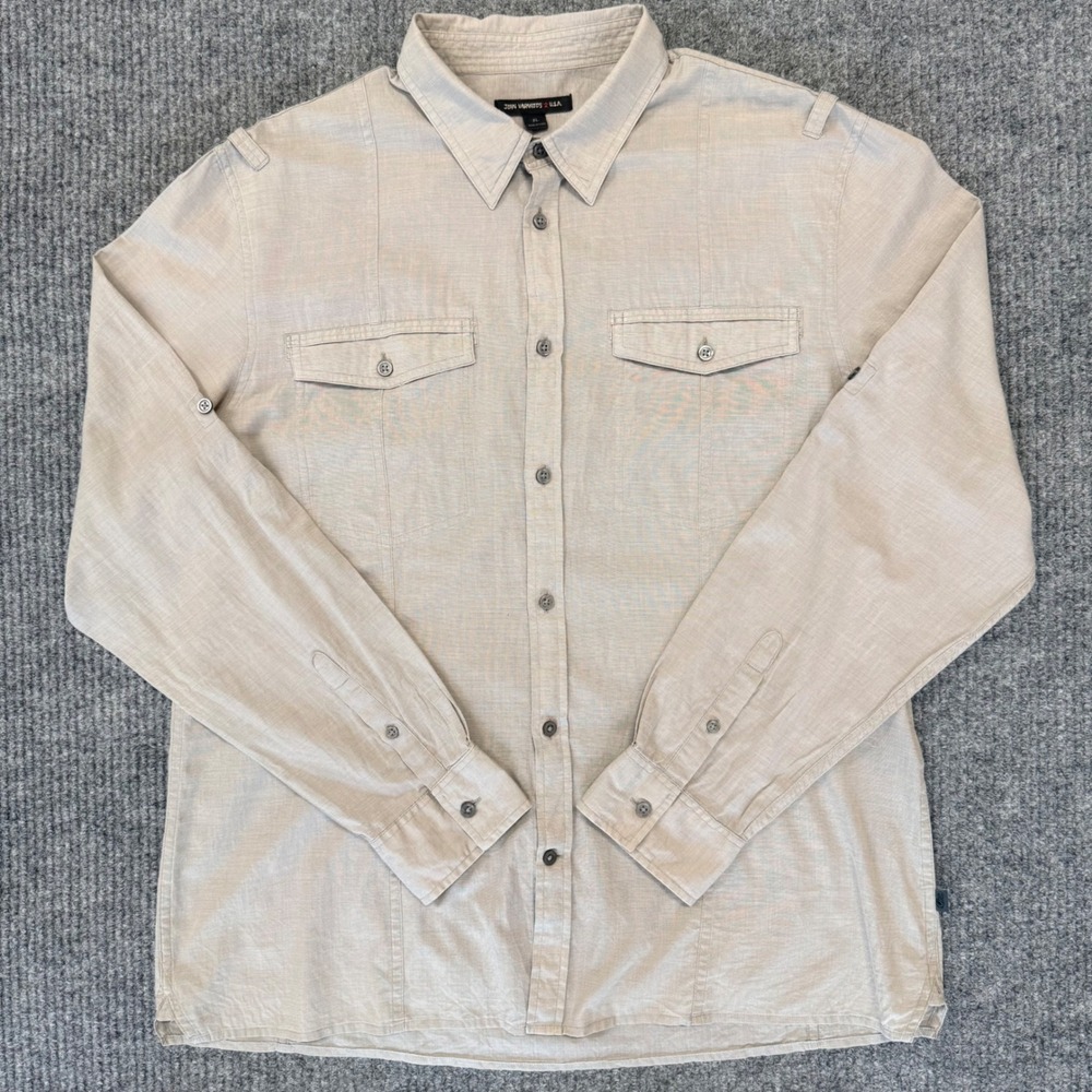 John Varvatos USA Mens XL Tan Beige Utility Roll Tab Sleeve Button Down Shirt - Picture 2 of 11